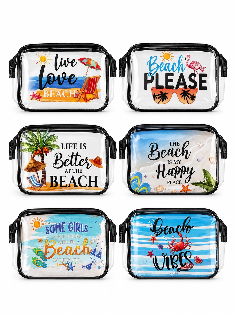 U Pick 1 Beach-Themed Clear Cosmetic Bags Travel Makeup Organizer Pouches 6”x8”